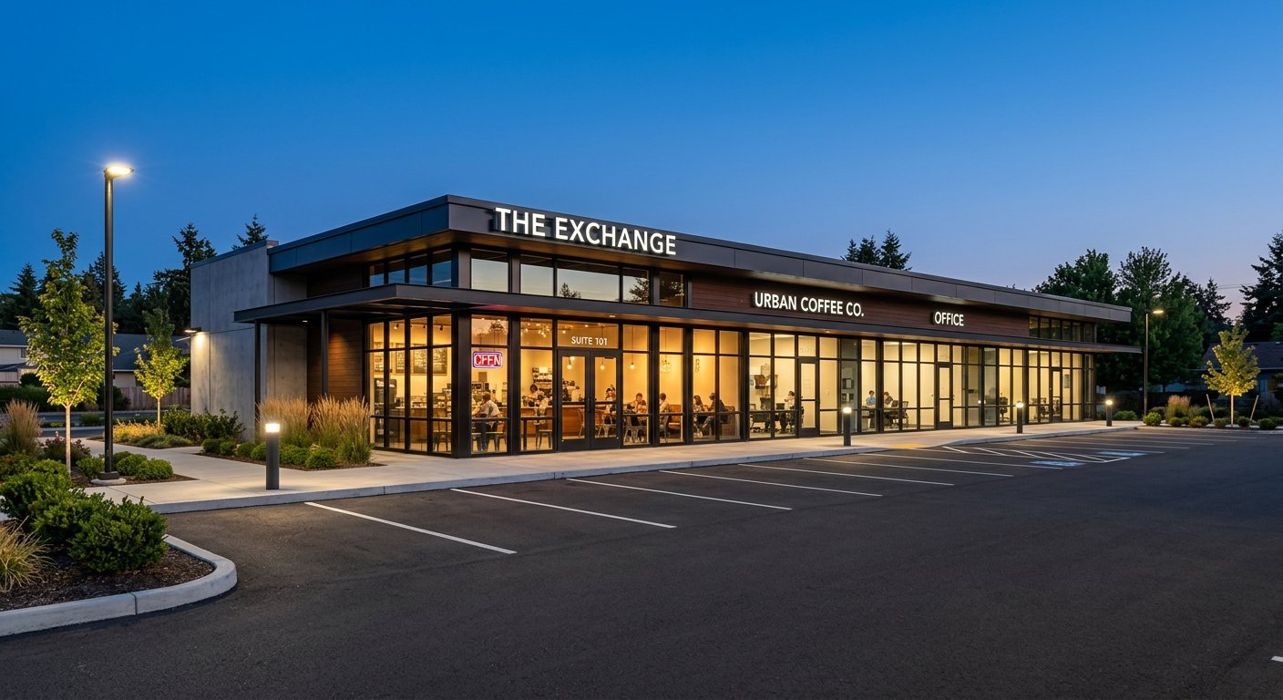 Modern commercial building at dusk